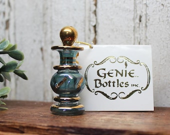 Vintage Egyptian Hand Blown Glass Perfume Genie Bottle with Original Tag, 24K Gold Accent, Made in Egypt