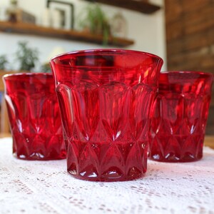 Vintage Noritake Perspective Ruby Red Glasses | Set of 4 Double Old Fashioned Tumblers | Mid Century Retro Pressed Glass Barware