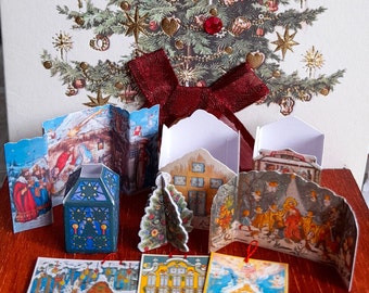Printable Vintage Christmas Advent Calendars, nativity, lantern, angel, Christmas Tree, miniature Advent Calendars, 1:12th dollhouse scale