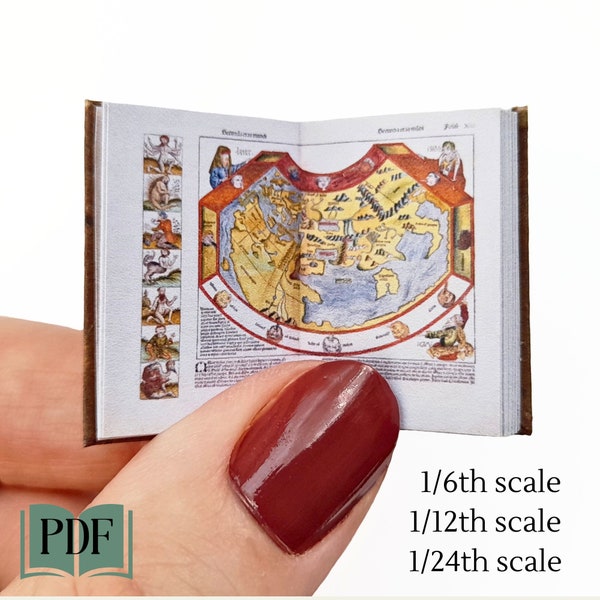 Printable antique miniature illustrated book, dollhouse 1/6th, 1/12th, 1/24th scale, medieval journal accessory embellishment, DIY book pdf