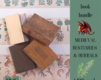 Può includere: Un set di quattro libri in miniatura, rilegati in carta marrone, beige e crema, con un'illustrazione di drago medievale e il testo "Miniature book bundle MEDIEVAL BESTIARIES & HERBALS 1:12th scale" su uno sfondo verde.