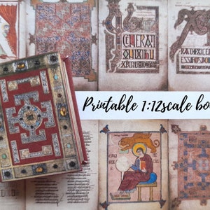 Printable antique miniature illustrated Lindisfarne Gospels book, dollhouse 1/12th scale, medieval journal accessory embellishment,  715AD