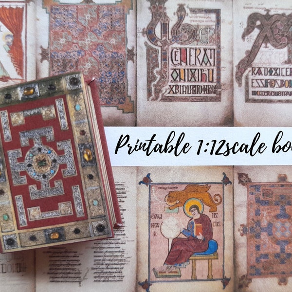 Printable antique miniature illustrated Lindisfarne Gospels book, dollhouse 1/12th scale, medieval journal accessory embellishment,  715AD