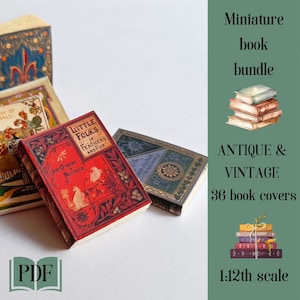 Miniatur Puppenhaus Vintage Bibliothek, 36 antike und Vintage Buchumschläge für Maßstab 1:12, printable pdf, Miniaturbuchumschläge