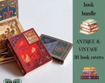 Miniature dollhouse vintage library, 36 antique and vintage book covers for 1:12 scale, printable pdf, miniature book jackets