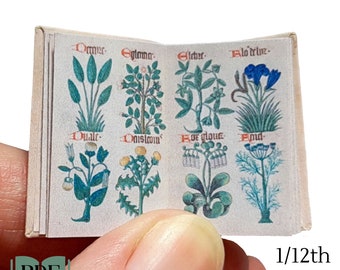 Printable miniature 16th century herbal and bestiary, antique dollhouse botanical book pdf 1/12th scale, medieval journal embellishment