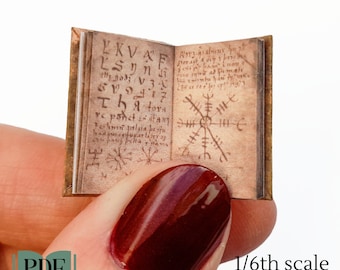 Viking grimoire, reproduction magic spell book, openable, 1/6th 1/12th scale, printable pdf for Halloween witchcraft book, book nook