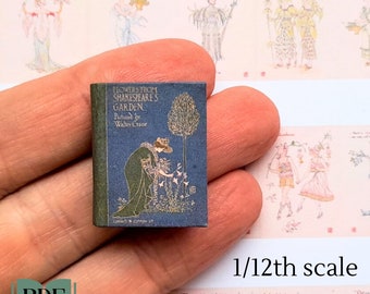 Printable 1/12th miniature book, DIY dollhouse scale, illustrated Flowers from Shakespeare's Garden with quotes from Shakespeare, PDF