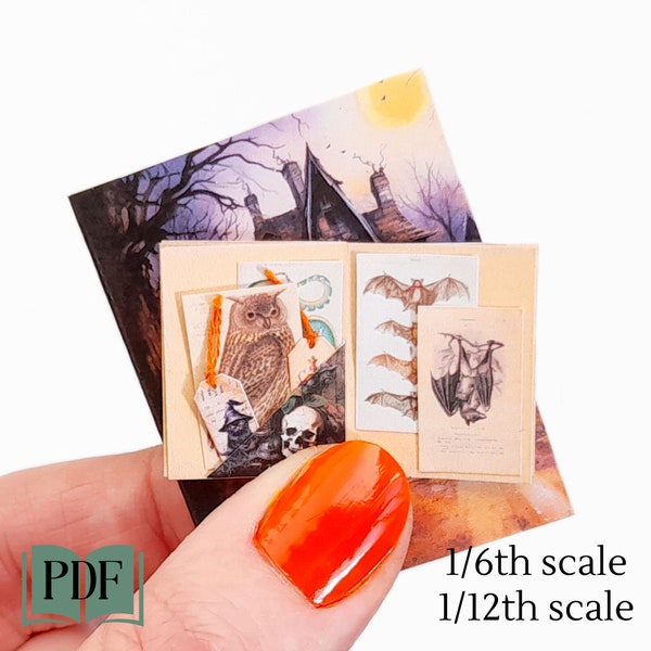 Miniature Halloween journal or scrapbook,  1/6th 1/12th scale, printable pdf make your own dollhouse book for Halloween diorama, digital kit