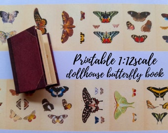 Printable antique miniature illustrated butterfly book, dollhouse 1/12th scale, miniature dollhouse butterfly book from 1837, PDF