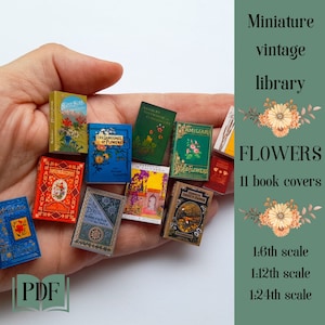 Miniature floral book covers, 1/6 1/12 1/24 scale dollhouse library accessory, printable PDF for DIY book jewelry, key rings, junk journals