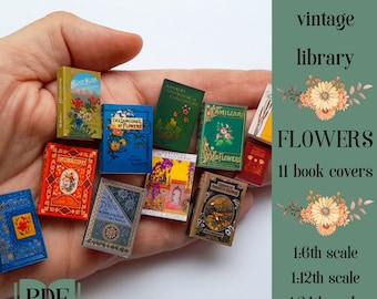 Portadas de libros florales en miniatura, accesorio de biblioteca de casa de muñecas a escala 1/6 1/12 1/24, PDF imprimible para joyería de libros de bricolaje, llaveros, diarios basura
