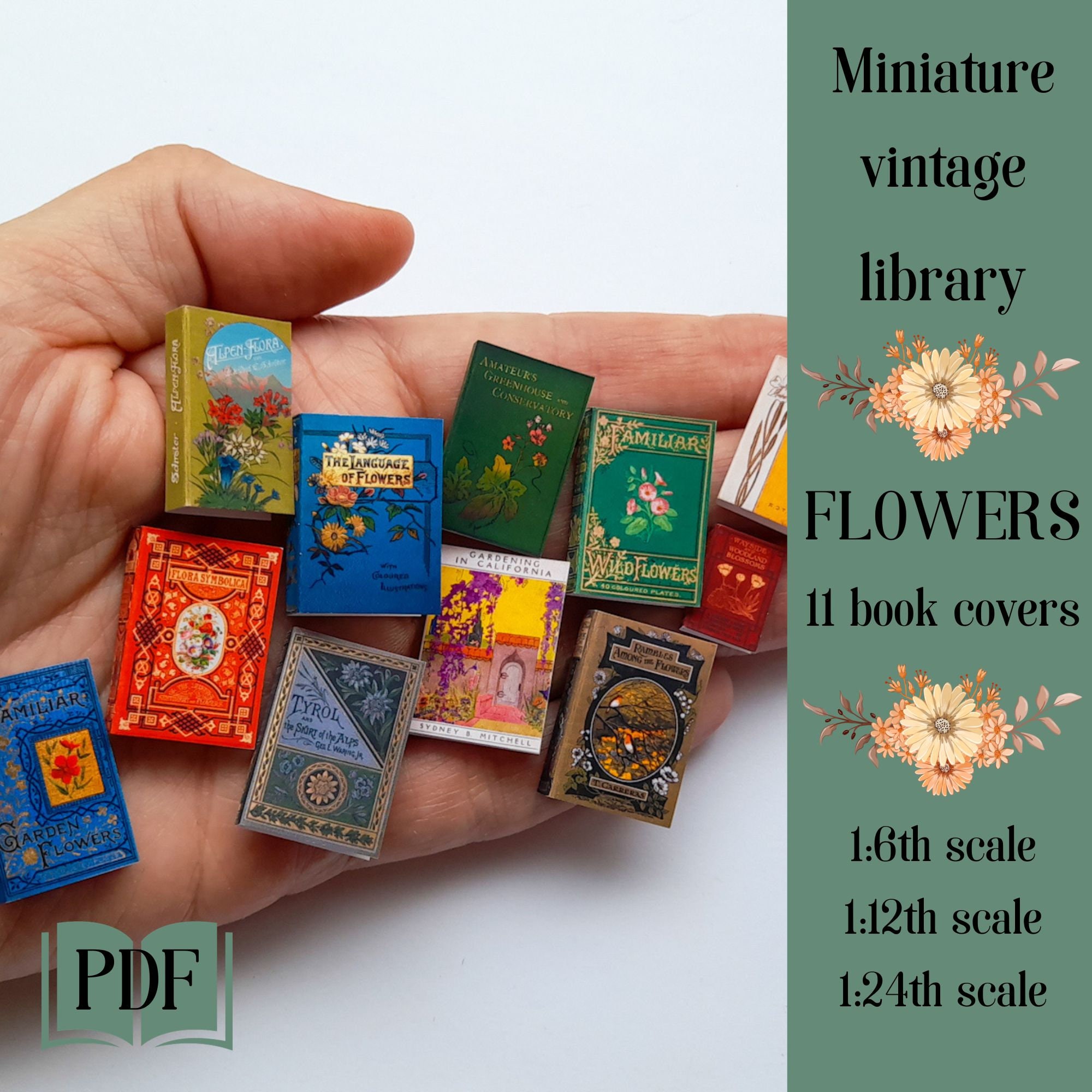 Miniature Floral Book Covers 1/6 and 1/12th Scale Dollhouse