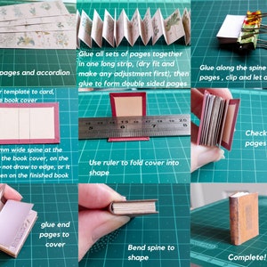 May include: A step-by-step guide on how to make a miniature book. The image shows the process of cutting out pages, folding them, gluing them together, and attaching a cover. The final step shows a completed miniature book.