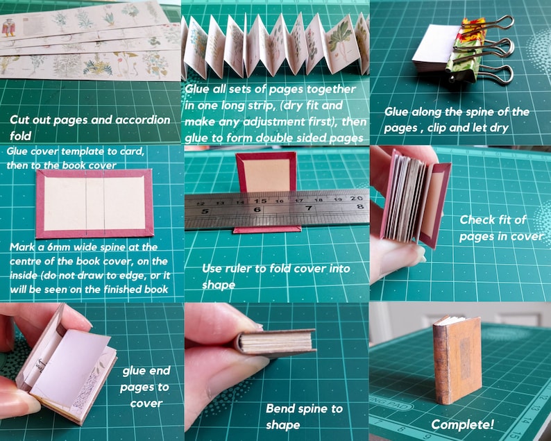 May include: A step-by-step guide on how to make a miniature book. The image shows the process of cutting out pages, folding them, gluing them together, and attaching a cover. The final step shows a completed miniature book.