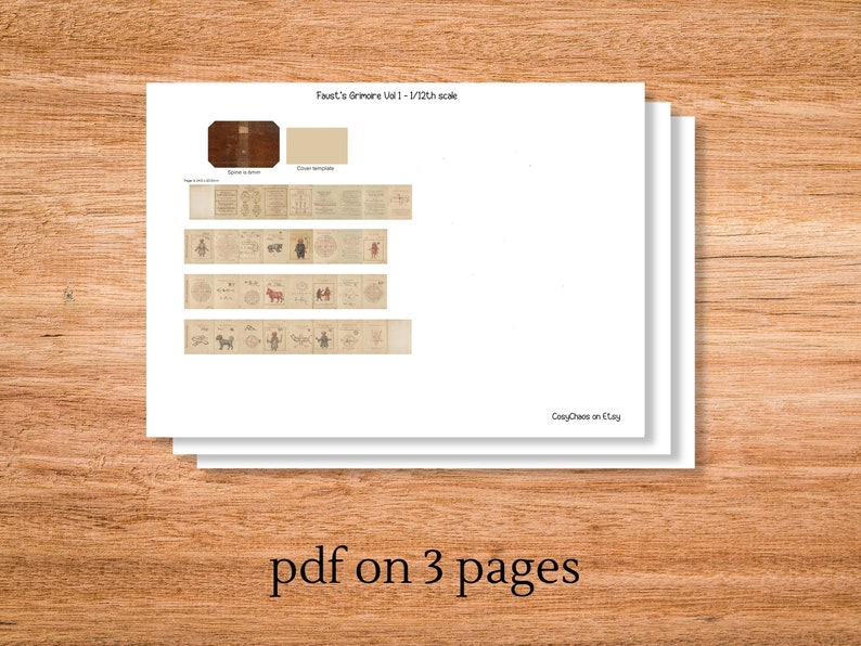 Pu&ograve; includere: Un documento PDF di tre pagine con il titolo "Faust's Grimoire Vol 1 - 1/12th scale". Il documento contiene immagini di vari simboli e disegni.