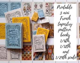 May include: Miniature French tapestry pattern books in blue and yellow, with decorative covers. The books are labeled "ALBUM DE TAPISSERIE" and are available in 1/6th, 1/12th, and 1/24th scales. The image also includes various tapestry patterns.