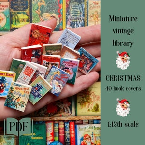 Miniature Christmas vintage library, 40 vintage book covers for dolls 1/12th scale, printable pdf, miniature book jackets, DIY holiday decor