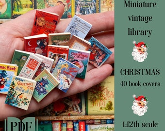 Miniature Christmas vintage library, 40 vintage book covers for dolls 1/12th scale, printable pdf, miniature book jackets, DIY holiday decor