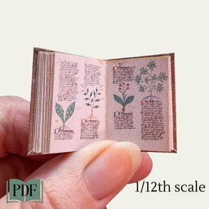 Printable miniature 15th century herbal, antique dollhouse botanical book, pdf in 1/6th and 1/12th scale, medieval journal embellishment
