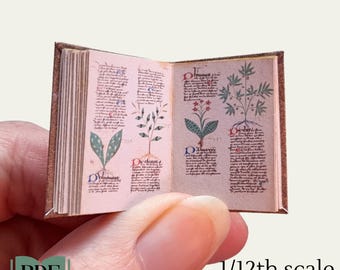 Printable miniature 15th century herbal, antique dollhouse botanical book, pdf in 1/6th and 1/12th scale, medieval journal embellishment