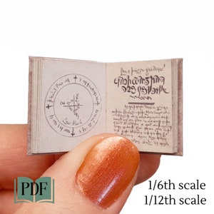 Mini magical manuscript grimoire, dollhouse scale book of magic, 1/6th 1/12th scale, printable pdf Halloween witchcraft diorama, occult