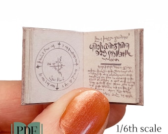 Mini magical manuscript grimoire, dollhouse scale book of magic, 1/6th 1/12th scale, printable pdf Halloween witchcraft diorama, occult