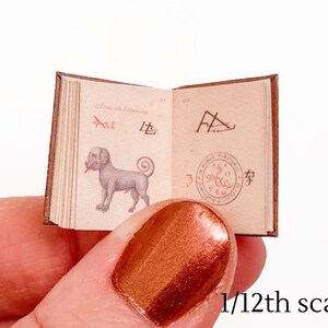 Pu&ograve; includere: Un libro in miniatura con una copertina in pelle marrone. Il libro &egrave; aperto su una pagina con un disegno di un cane e il testo "Astarte und Selene". La pagina a destra contiene un simbolo e il testo "守".