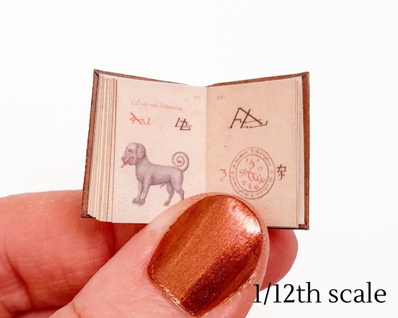 Pu&ograve; includere: Un libro in miniatura con una copertina in pelle marrone. Il libro &egrave; aperto su una pagina con un disegno di un cane e il testo "Astarte und Selene". La pagina a destra contiene un simbolo e il testo "守".