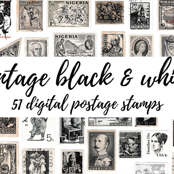 Printable vintage black and white postage stamps -  instant download ephemera for decoupage, collage and junk journals, faux stamps