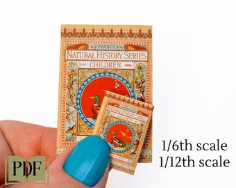 Miniature vintage childrens' bird book, openable, dollhouse scale, 1/6th scale, 1/12th scale, printable pdf for dioramas and book nooks