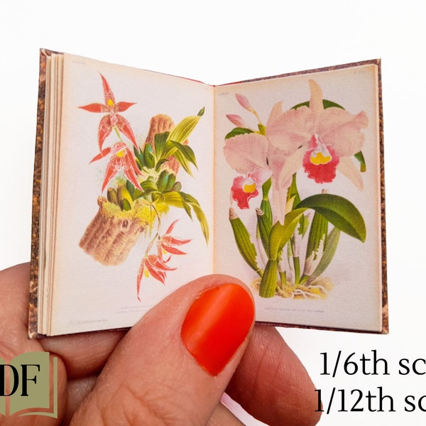 Miniature vintage orchid book, dollhouse scale, 1/6th 1/12th 1/24th printable pdf, orchid ephemera for journals, book nook, dollhouse