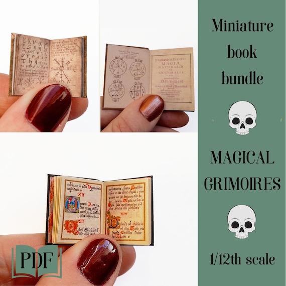 Miniature books for doll house witch, mini grimoire book bundle, set of 3, 1/12th dollhouse scale, printable pdf occult magic books