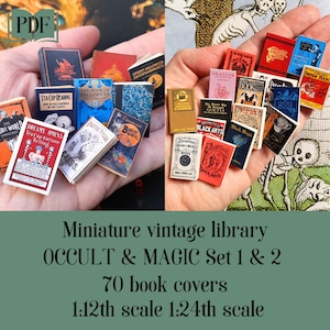 Può includere: Un set di 70 copertine di libri in miniatura in scala 1:12 e 1:24. Le copertine presentano illustrazioni vintage e titoli relativi all'occulto e alla magia. I titoli includono "Dreams Omens", "Tea Cup Fortune Telling", "The Book of Halloween", "Black Arts", "Goetia", "Dracons" e "Black Magic".