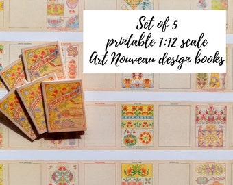Printable Art Nouveau dollhouse design books, set of 5 books, instant download printable PDF, 1/12th scale, miniature dollhouse scale books