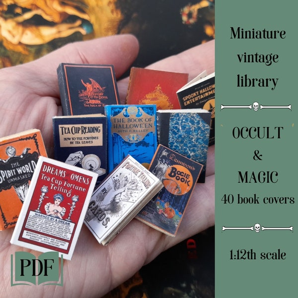 Miniature Halloween vintage library, 40 vintage book covers for dollhouse 1/12th scale, printable pdf, miniature book jackets, gothic mini