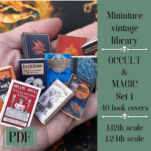 Ensemble 1 bibliothèque vintage miniature Halloween, 40 couvertures de livres pour maison de poupée à l'échelle 1/12e, pdf imprimable, jaquettes de livres miniatures, mini gothique