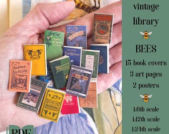 Miniature vintage library BEES, 15 vintage book covers for dollhouse 1/6th 1/12th 1/24th scale, printable pdf, miniature book jackets, diy