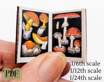 Libro de hongos en miniatura: Decoración de biblioteca vintage para casa de muñecas (Patrón PDF, escalas 1/6, 1/12 y 1/24)