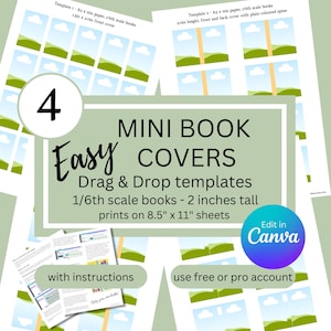 1/6th scale mini book cover templates, mini books for reading journals, TBR jar, Christmas ornaments, doll house & book nook Canva editable