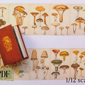 Printable miniature book, 19th century edible mushrooms in 1/12th scale, French antique dollhouse scale, instant digital download pdf