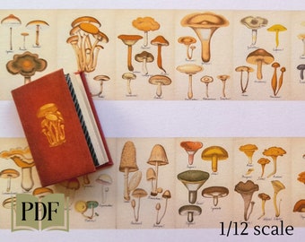 Printable miniature book, 19th century edible mushrooms in 1/12th scale, French antique dollhouse scale, instant digital download pdf