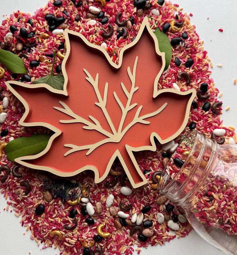 May include: A maple leaf-shaped tray with a matte terracotta orange interior and a light beige raised border. The tray features a central light beige vein pattern and is surrounded by a mixture of pink rice, black beans, and small pasta shapes.
