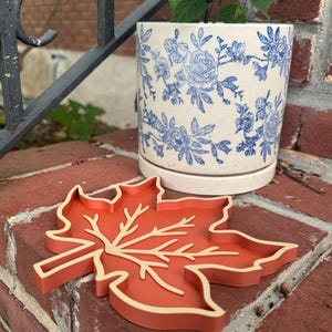 May include: A maple leaf-shaped tray in a solid burnt orange color with raised edges and a recessed vein pattern in a lighter cream tone. The tray is positioned in front of a cylindrical ceramic planter featuring a blue and white floral pattern.