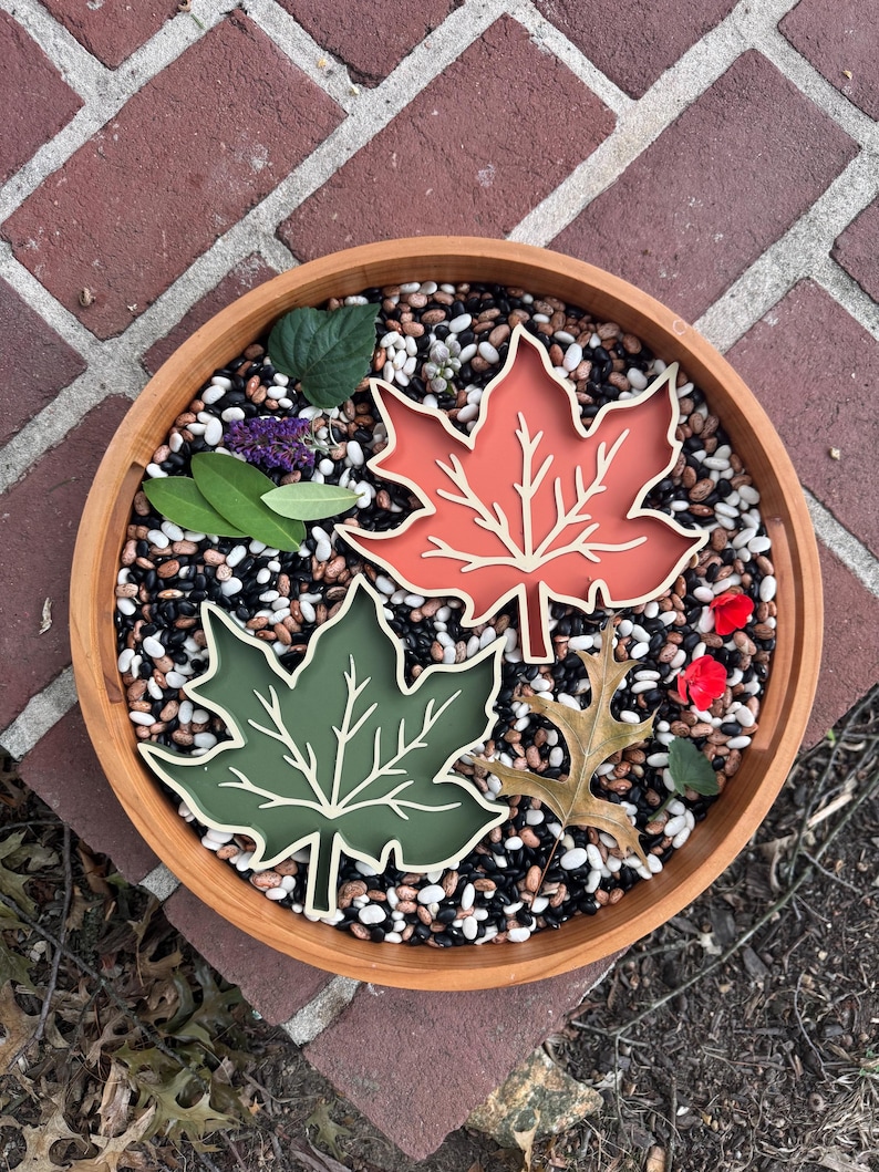 May include: A round wooden tray filled with a mixture of black, white, and brown dried beans. Inside the tray are two leaf-shaped decorative items, one in burnt orange and one in olive green, alongside a few small green leaves and red petals.