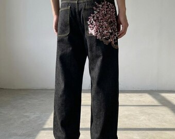 Kersenbloesem borduurwerk jeans, Y2K baggy wijde pijpen denim, Japanse Sakura Streetwear hiphop harajuku cadeau mannen vrouwen zwart esthetische anime