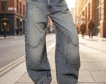 Y2K Low Rise Baggy Jeans Frauen, Vintage Breites Bein Gebogenes Panel Denim, 90er Jahre Streetwear Ästhetischer Boyfriend-Stil, Hellblaues Festival Geschenk Sie