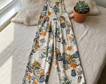 Mono de lino con estampado floral para mujer, peto sin mangas de pierna ancha, conjunto bohemio para vacaciones de verano, mono informal holgado de algodón, regalo para ella.