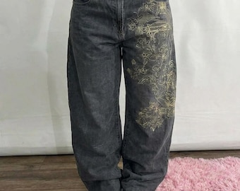 Y2K goth baggy jeans, grunge streetwear broek, harajuku hiphop wijde pijpen broek, vintage gotische grafische print denim kleding cadeau