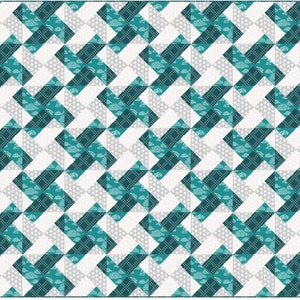 Könnte beinhalten: Eine geometrische Steppdecke in Teal und Weiß mit einem sich wiederholenden Muster aus Quadraten und Dreiecken. Die Steppdecke ist aus Stoff mit einem dezenten Wolkenmuster gefertigt.
